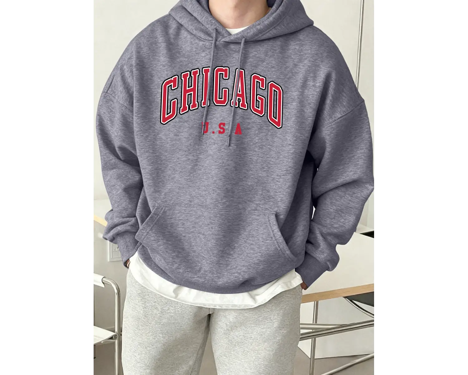 Chicago ABD Mektup Baskılı Erkek Günlük Kapüşonlu Sweatshirtler Her Şeyle Uyumlu Polar Sweats