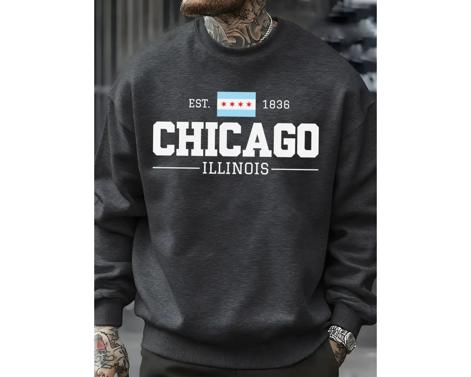 Chicago Illinois Baskılı Sonbahar Erkekler Kazak Yumuşak Giysiler Büyük Boy Sokak Kazak Polar