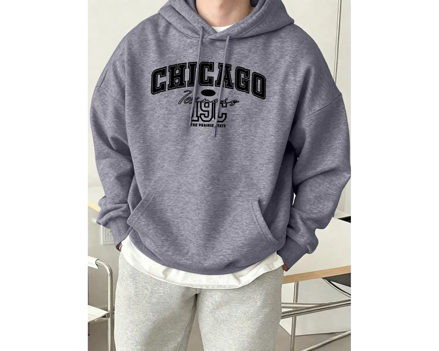 Chicago Letter Yaratıcılık Baskılı Tişörtü Erkek Trendy Gevşek Spor Giyim Sıcak Temel Kapüşon