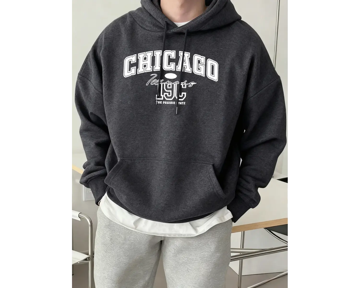 Chicago Letter Yaratıcılık Baskılı Tişörtü Erkek Trendy Gevşek Spor Giyim Sıcak Temel Kapüşon