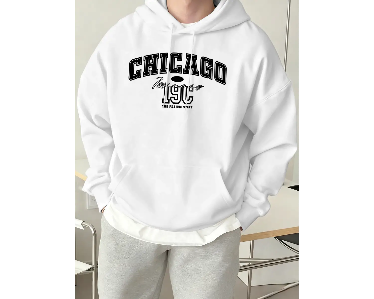 Chicago Letter Yaratıcılık Baskılı Tişörtü Erkek Trendy Gevşek Spor Giyim Sıcak Temel Kapüşon