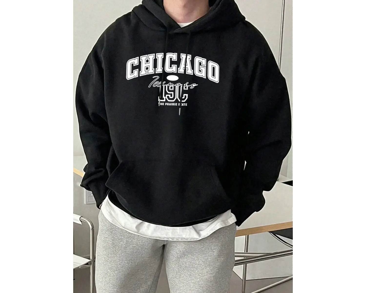 Chicago Letter Yaratıcılık Baskılı Tişörtü Erkek Trendy Gevşek Spor Giyim Sıcak Temel Kapüşon