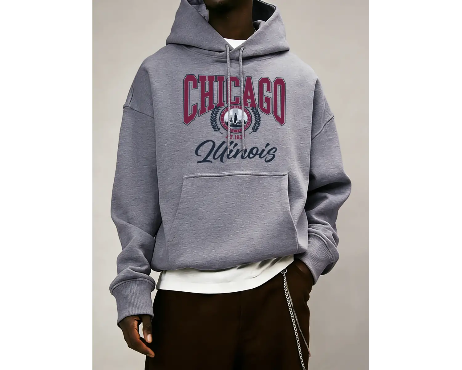 Chicago Luinois At 1837 Desen Erkekler Kapüşonlular Cep Retro Kazaklar Rahat Hip Hop Uzun Kol