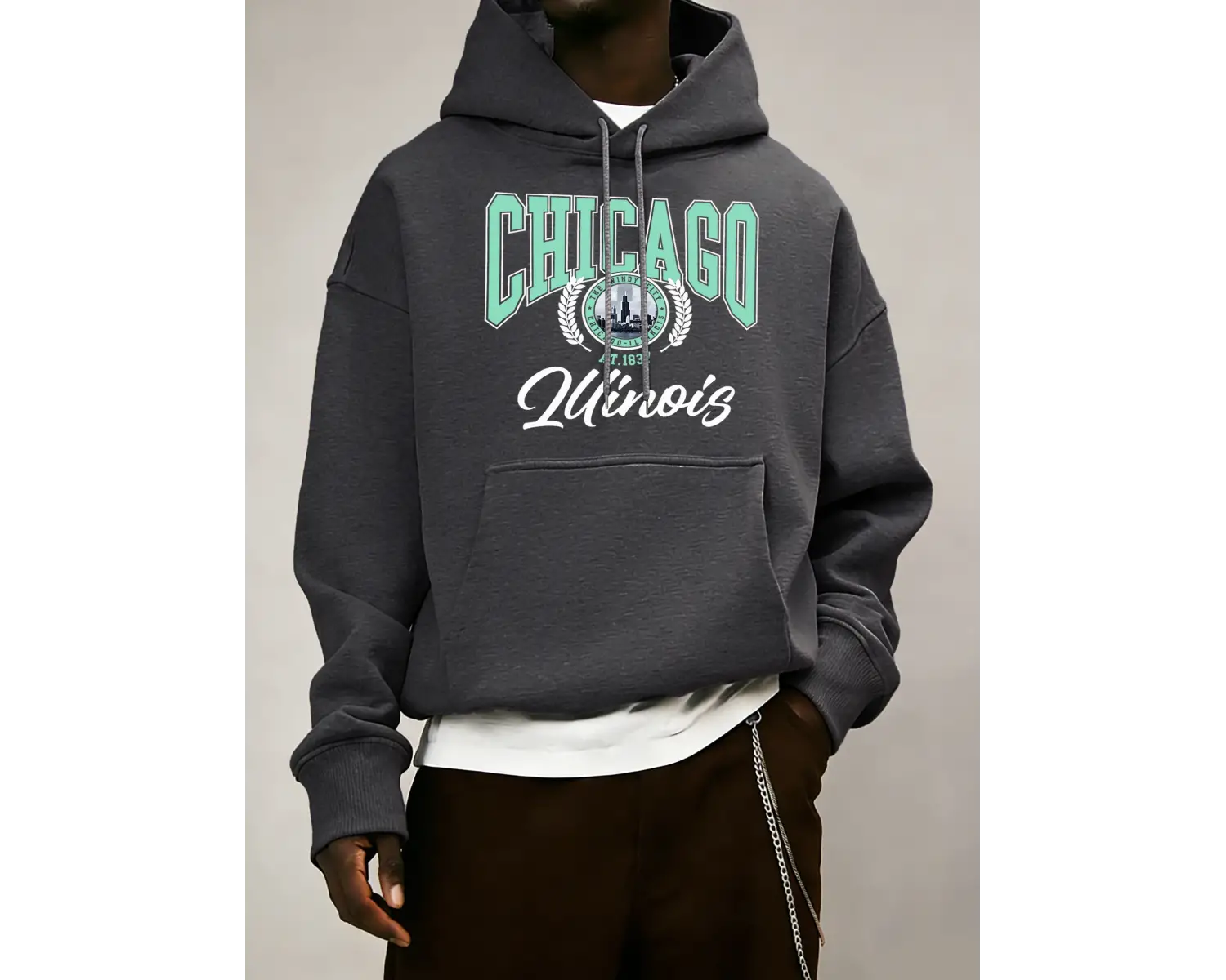 Chicago Luinois At 1837 Desen Erkekler Kapüşonlular Cep Retro Kazaklar Rahat Hip Hop Uzun Kol