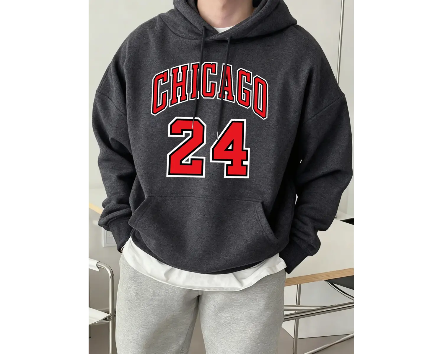 Chicago Number 24 Letter Print Erkekler Rahat Moda Kapüşonlular Tüm Maç Sonbahar Tişörtü Pola
