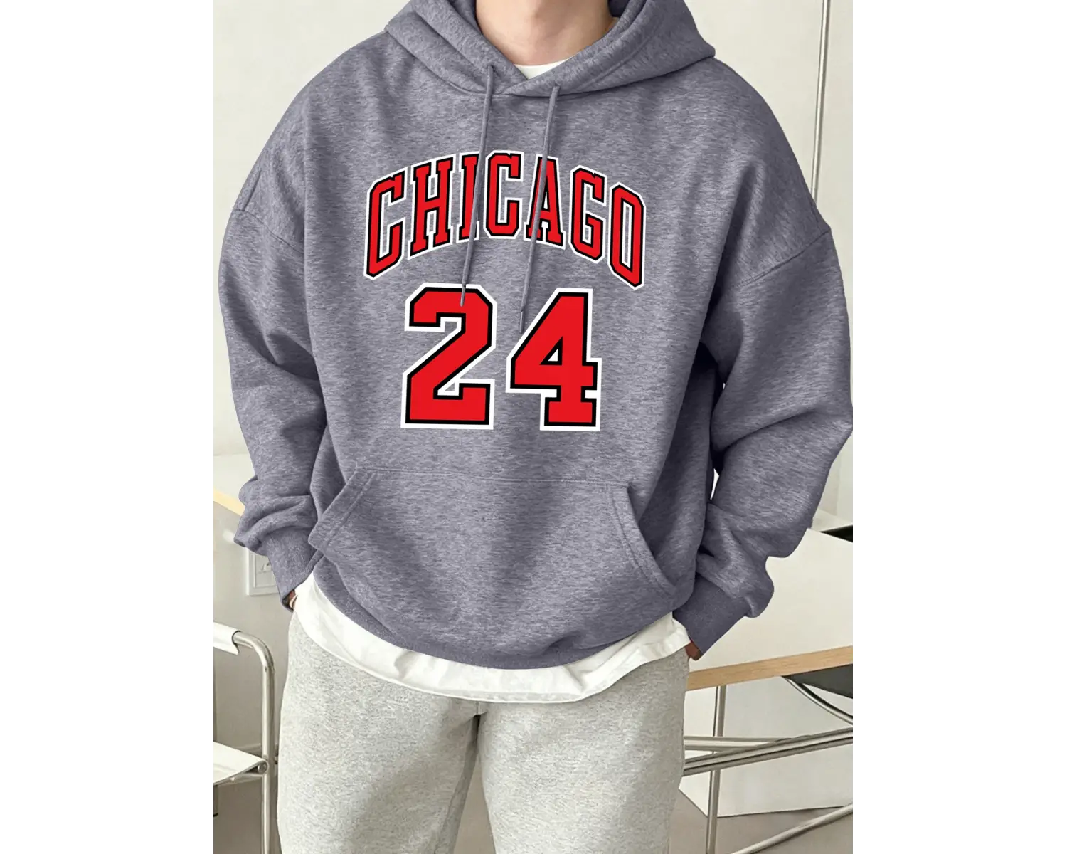 Chicago Number 24 Letter Print Erkekler Rahat Moda Kapüşonlular Tüm Maç Sonbahar Tişörtü Pola