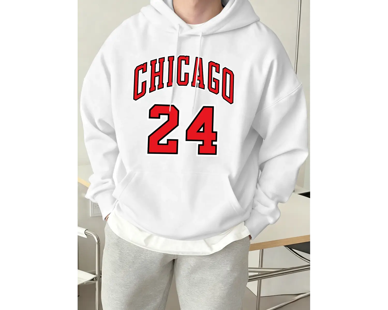 Chicago Number 24 Letter Print Erkekler Rahat Moda Kapüşonlular Tüm Maç Sonbahar Tişörtü Pola