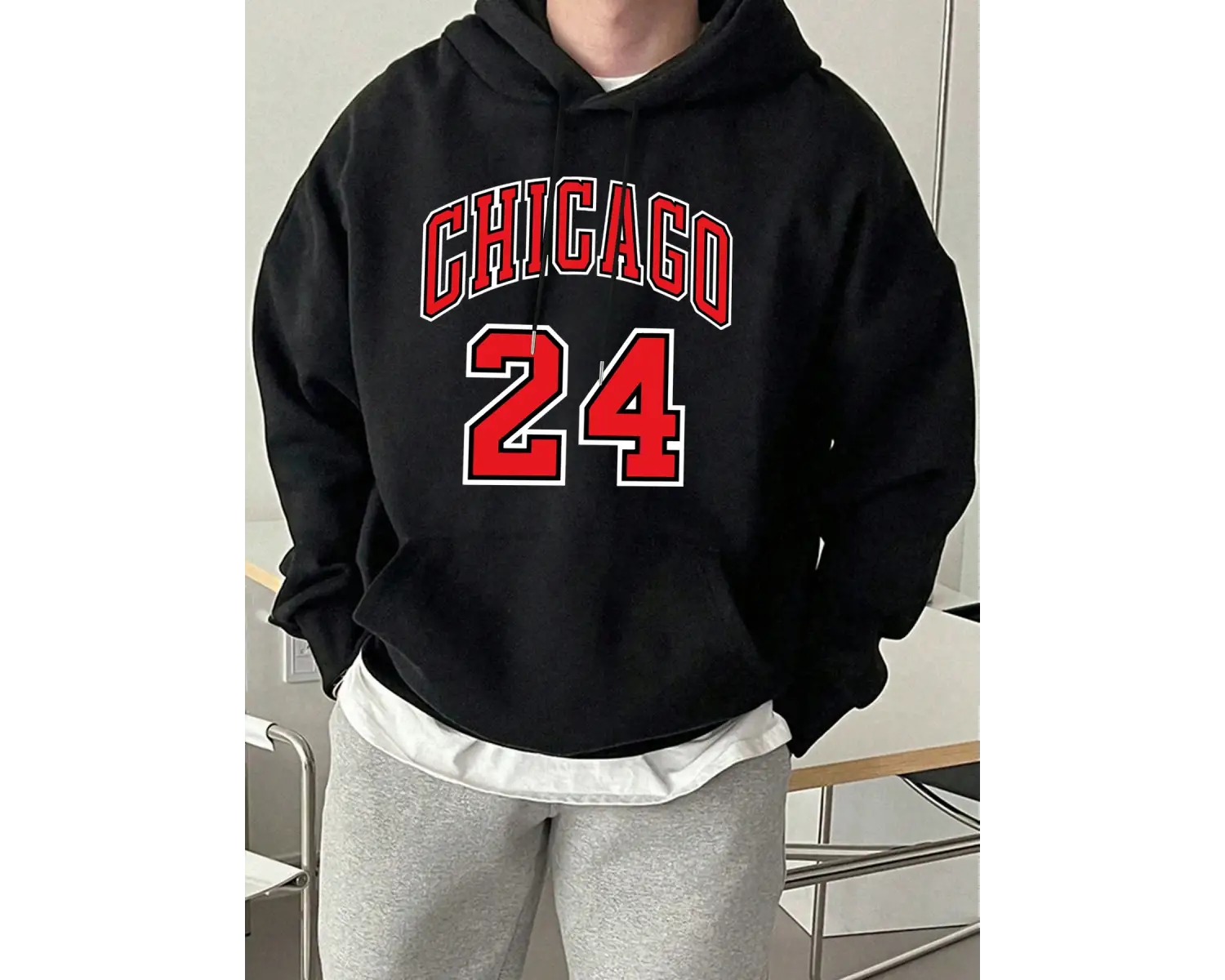 Chicago Number 24 Letter Print Erkekler Rahat Moda Kapüşonlular Tüm Maç Sonbahar Tişörtü Pola