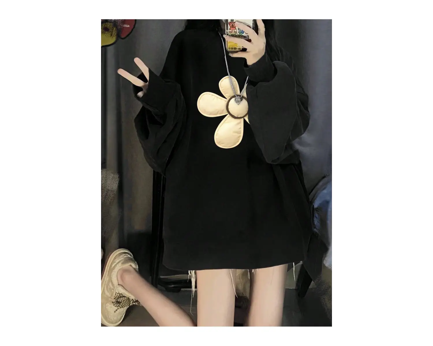 Çiçek Desenli Düşük Omuz Büyük Beden Sweat Gri