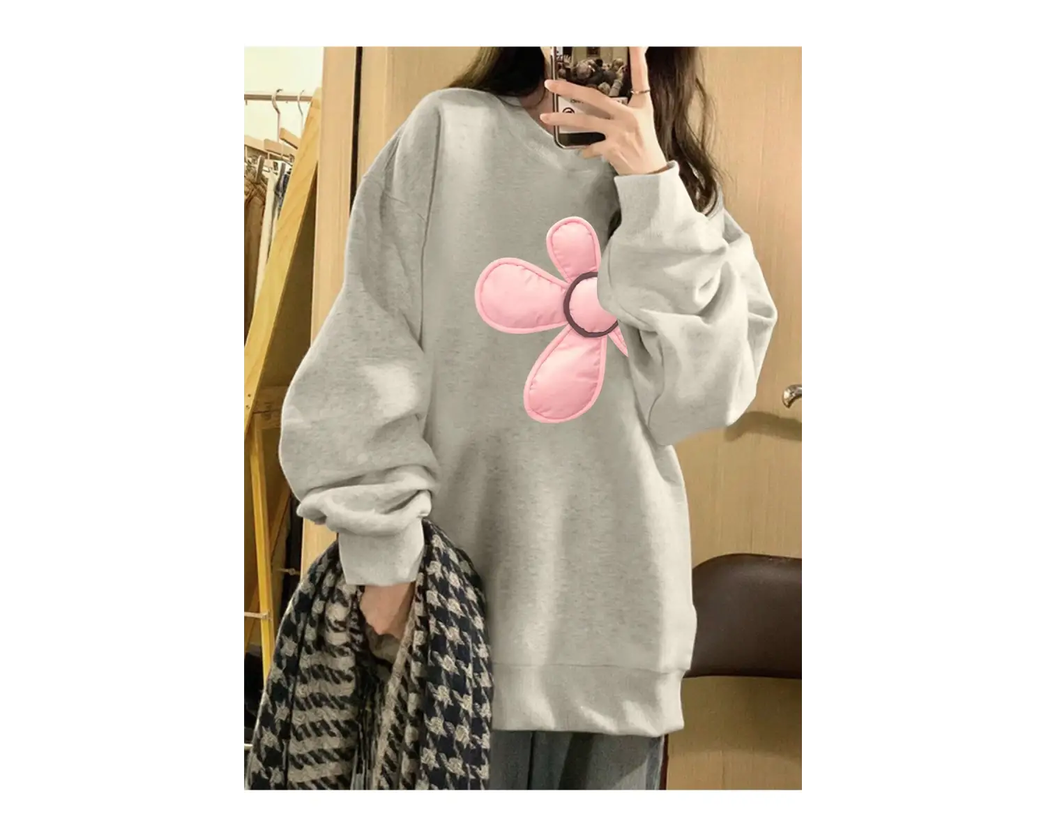 Çiçek Desenli Düşük Omuz Büyük Beden Sweat Gri