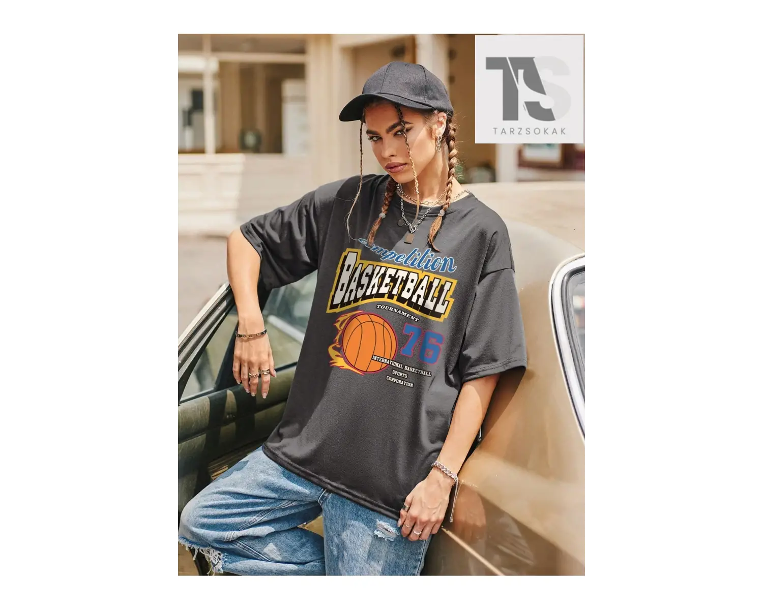 Çiçek Desenli Düşük Omuz Oversize Tişört