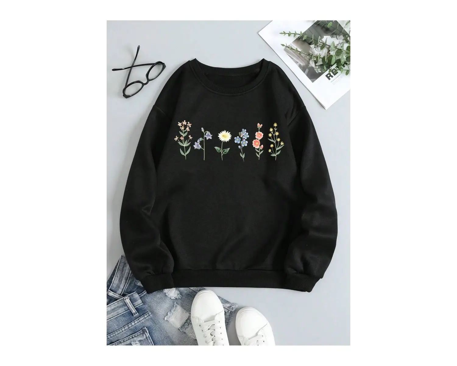 Çiçek Desenli Termal Astarlı Sweat Siyah