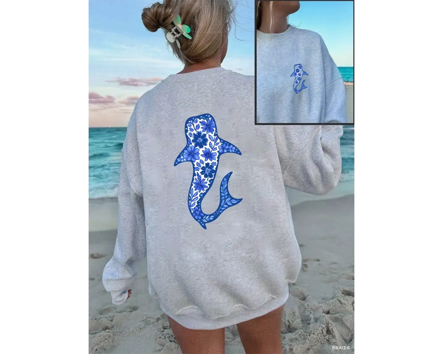 Çiçek Sperm Balinası Baskılı Sweatshirtler Kadınlar Kışlık Polar Sıcak Kapüşonlu Üstler Yuvar