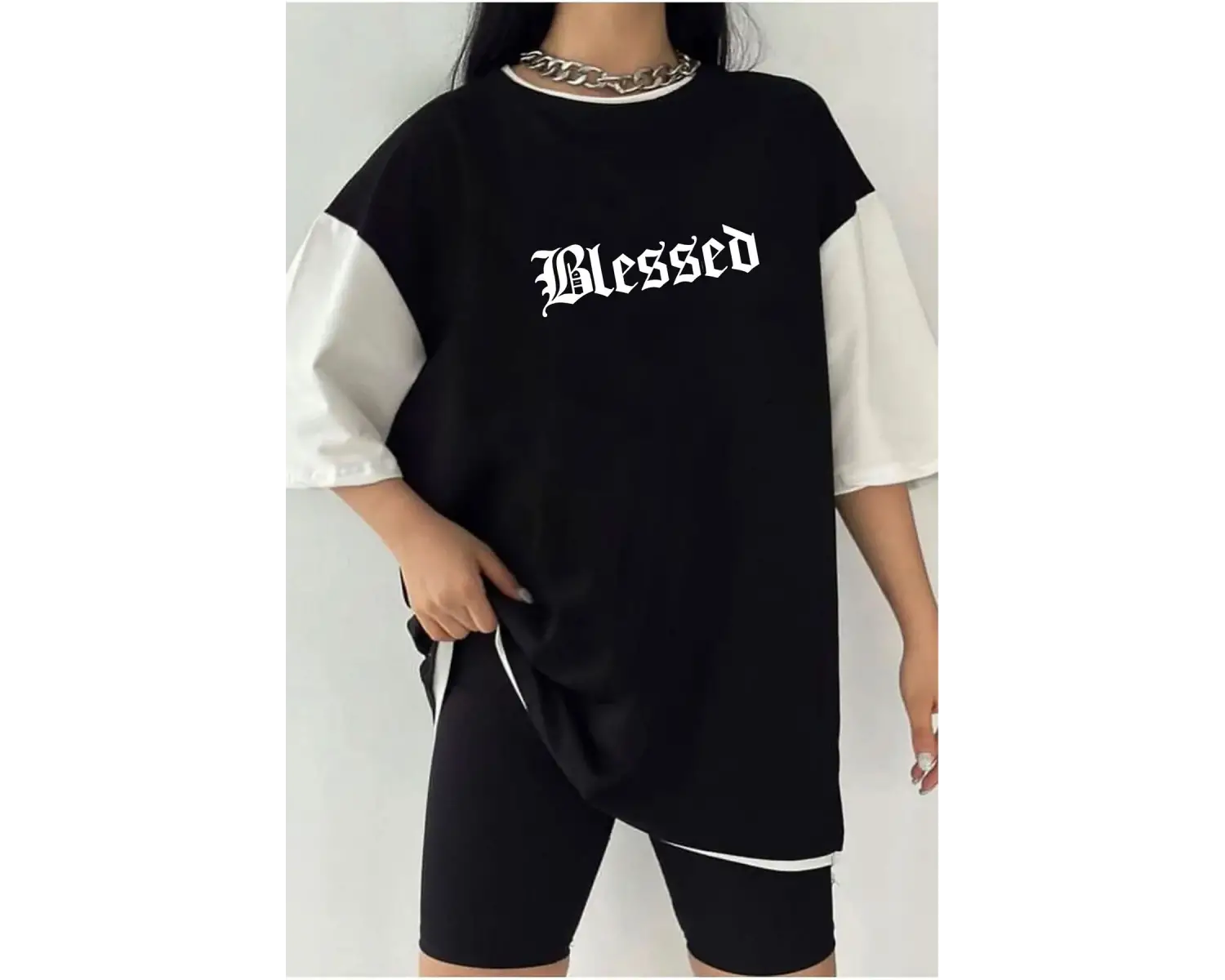 Çift Renk BLESSED Baskılı Unisex Tshirt