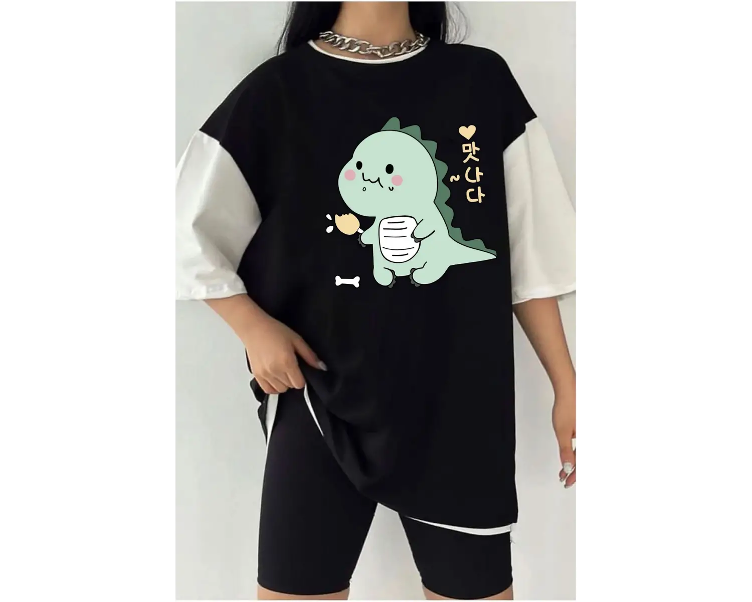 Çift Renk Dino Baskılı Unisex Tshirt