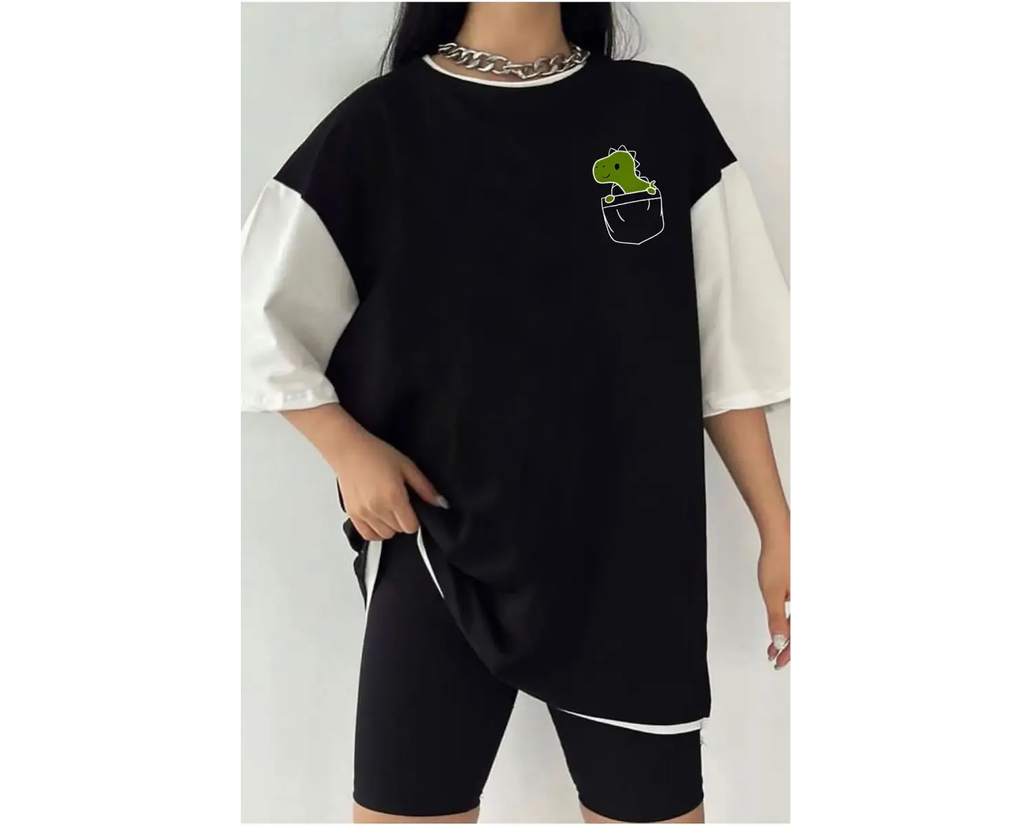 Çift Renk DİNO Baskılı Unisex Tshirt