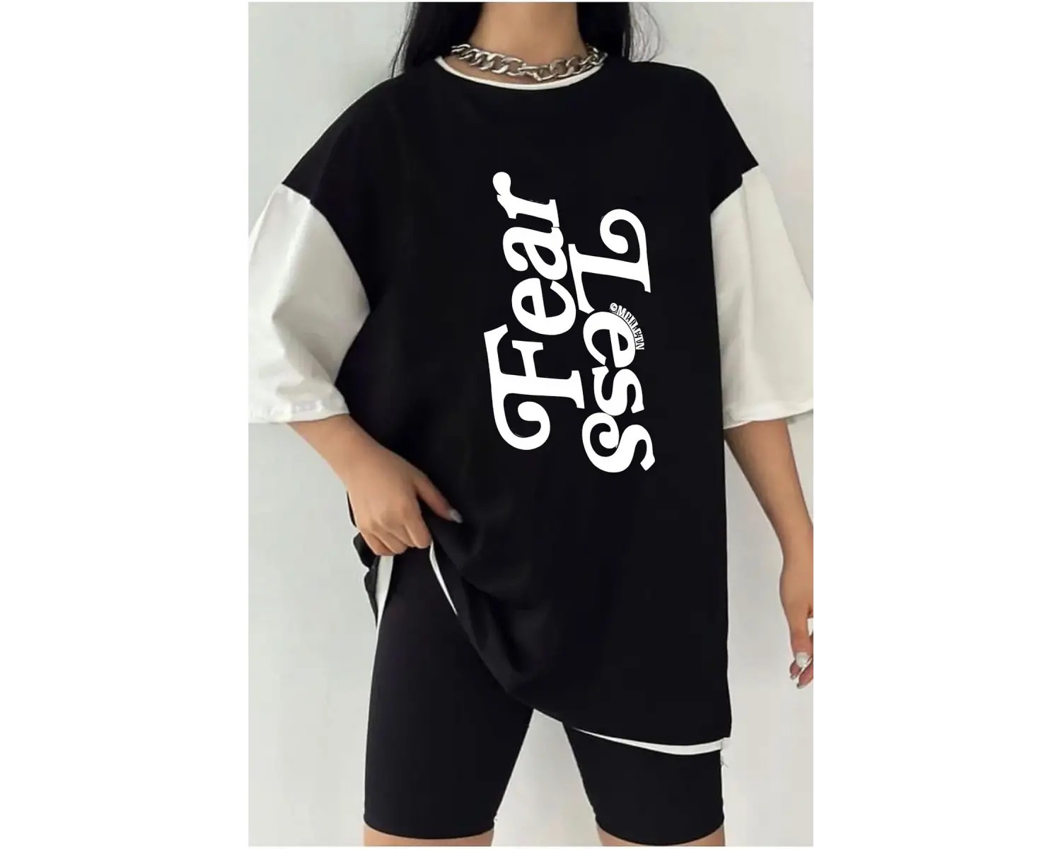 Çift Renk FEAR LESS Baskılı Unisex Tshirt