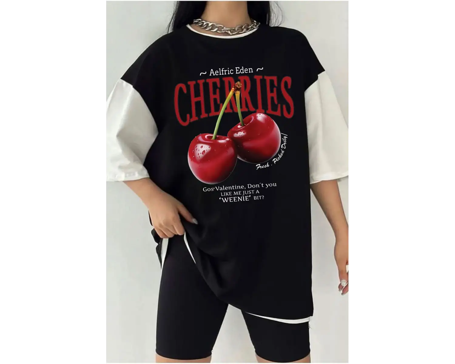 Çift Renk Red Cherries Baskılı Unisex Tshirt