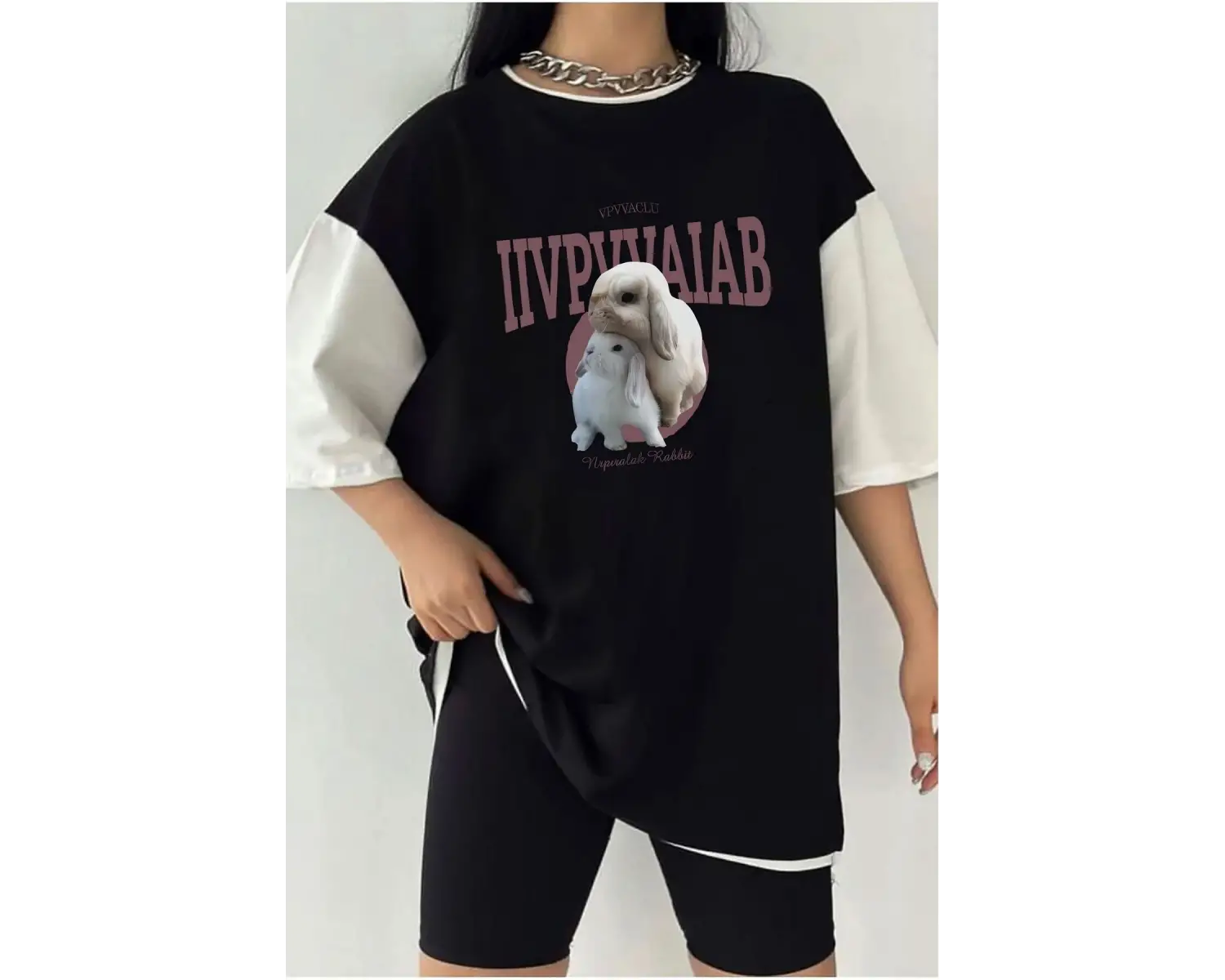 Çift Renk TAVŞAN Baskılı Unisex Tshirt