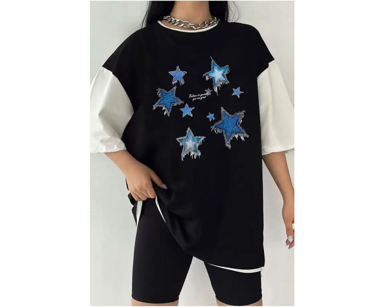 Çift Renk YILDIZ Baskılı Unisex Tshirt