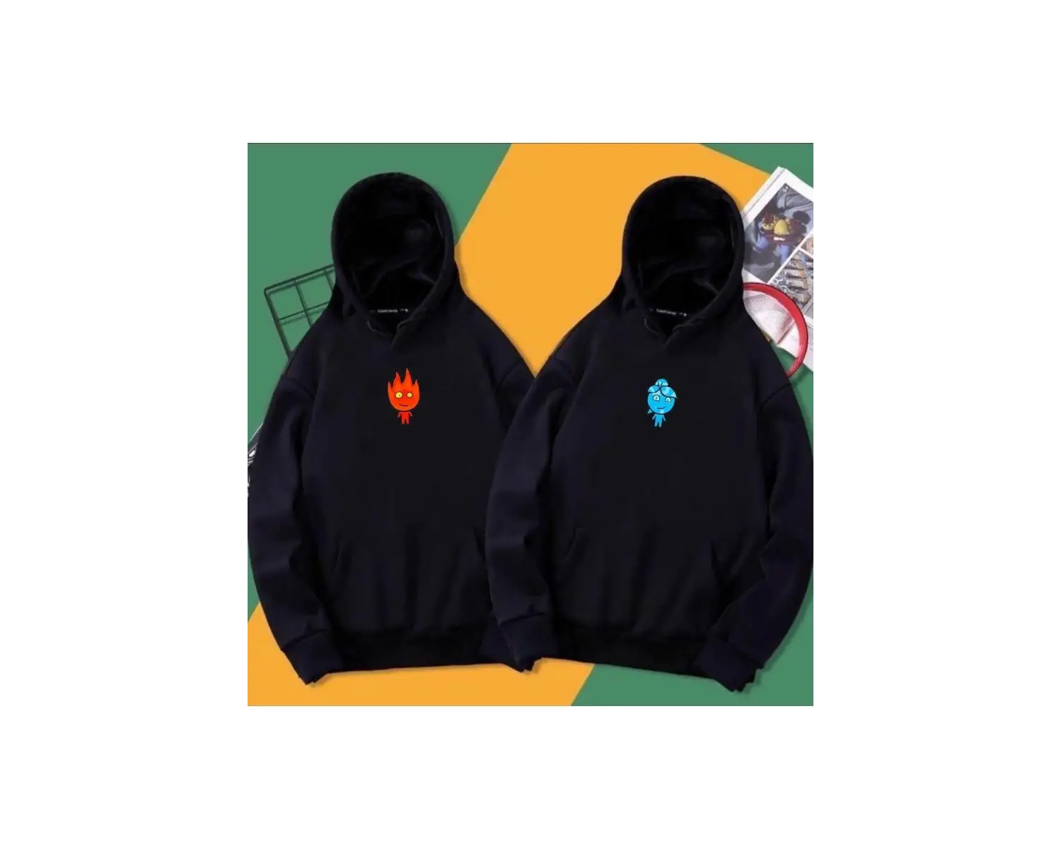 Çift Sevgili 2 Li Siyah Ateş Ve Su Baskılı Oversize Hoodie