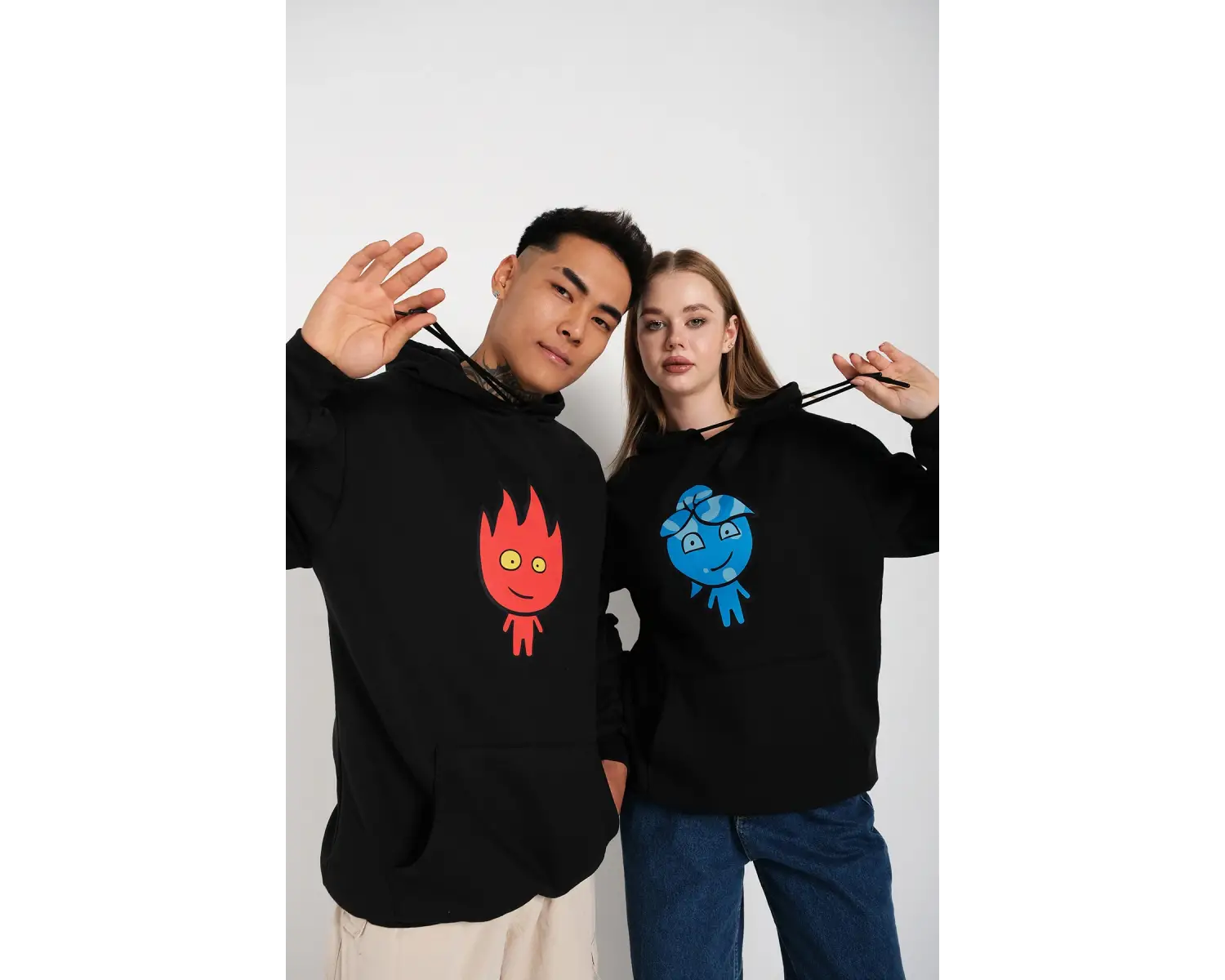 Çift Sevgili Ikili Ateş Ve Su Baskılı Oversize Kapşonlu Sweatshirt Hoodie