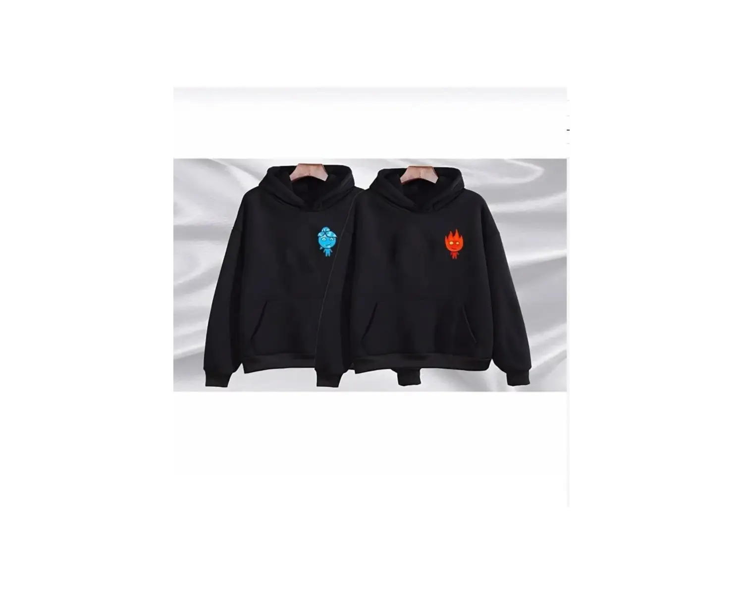 Çift Sevgili Siyah Ateş Su Baskılı Kapşonlu Kanguru Cepli Pamuklu 2li Sweatshirt