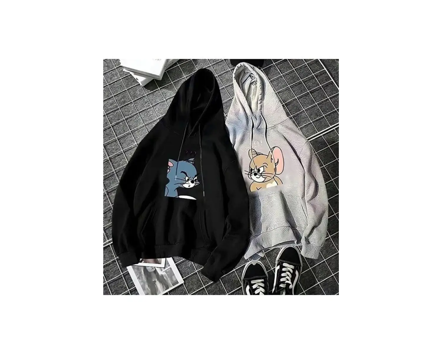 Çift Sevgili Siyah Gri Tom Ve Jery Baskılı Oversize Kapüşonlu Sweatshirt