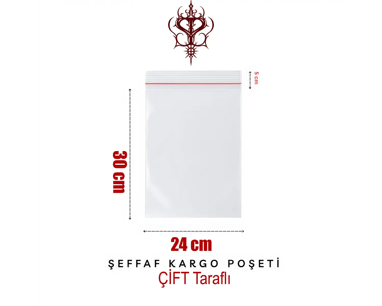 Çift Taraflı Şeffaf Kargo Poşeti 80 Mikron 24 x 30 Cm + 5 Cm