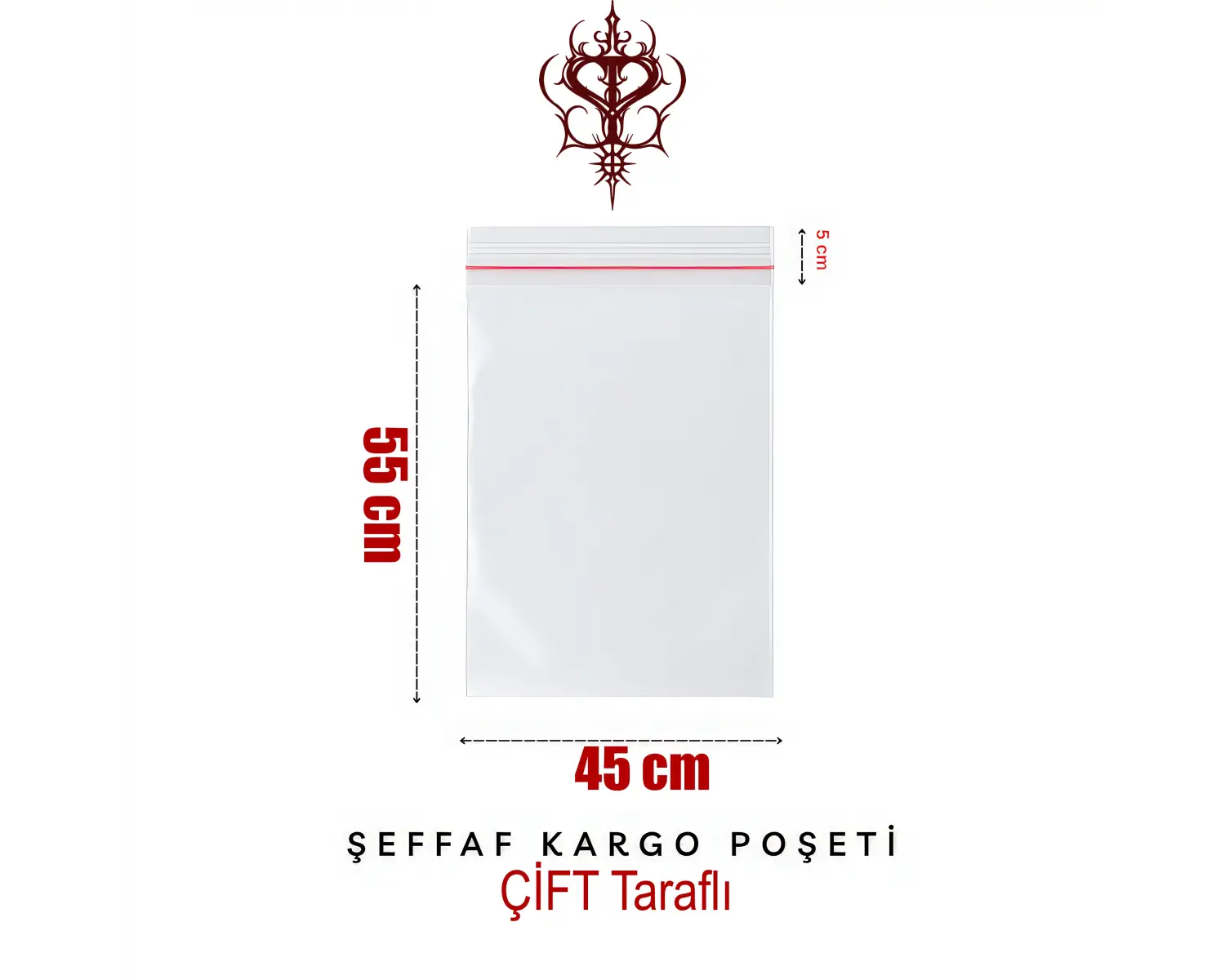 Çift Taraflı Şeffaf Kargo Poşeti 80 Mikron 45 x 55 Cm + 5 Cm