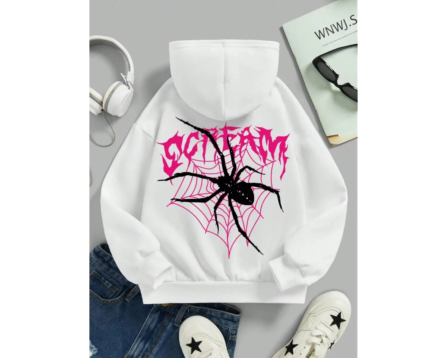 Çığlık Örümcekler ve Örümcek Ağları Baskı Kadın Kapüşonlular Harajuku Büyük Boy Hoody Moda Ge