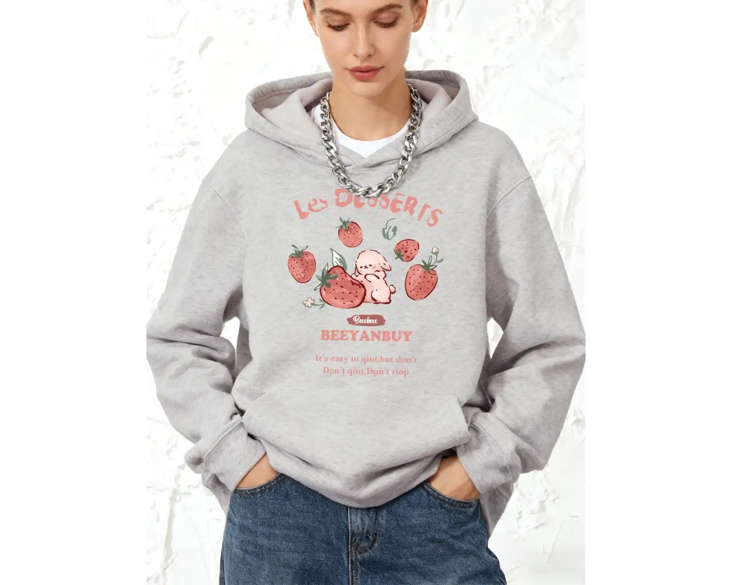 Çilek ve Tavşan Baskılı Kapüşonlu Üstler Pamuklu Kadın Sportif Bol Kazak Kışlık Polar Sıcak S