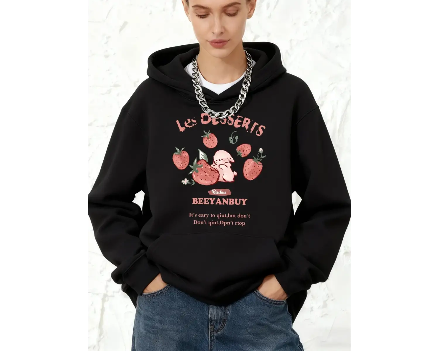 Çilek ve Tavşan Baskılı Kapüşonlu Üstler Pamuklu Kadın Sportif Bol Kazak Kışlık Polar Sıcak S