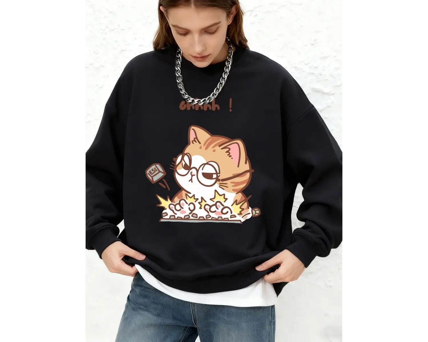 Çılgın Kedi Yazarak Vahşi Baskılı Kapüşonlu Üst Kadınlar İçin Basit Yuvarlak Yaka Büyük Beden