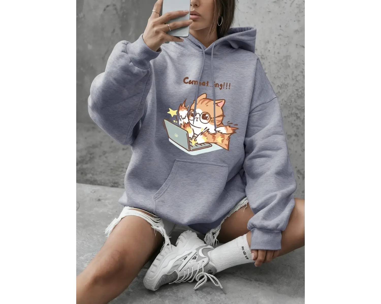 Çılgın Yazma Kedi Karikatür Baskılı Sweatshirt Kadınlar İçin Basic Yuvarlak Yaka Kapüşonlu Sw