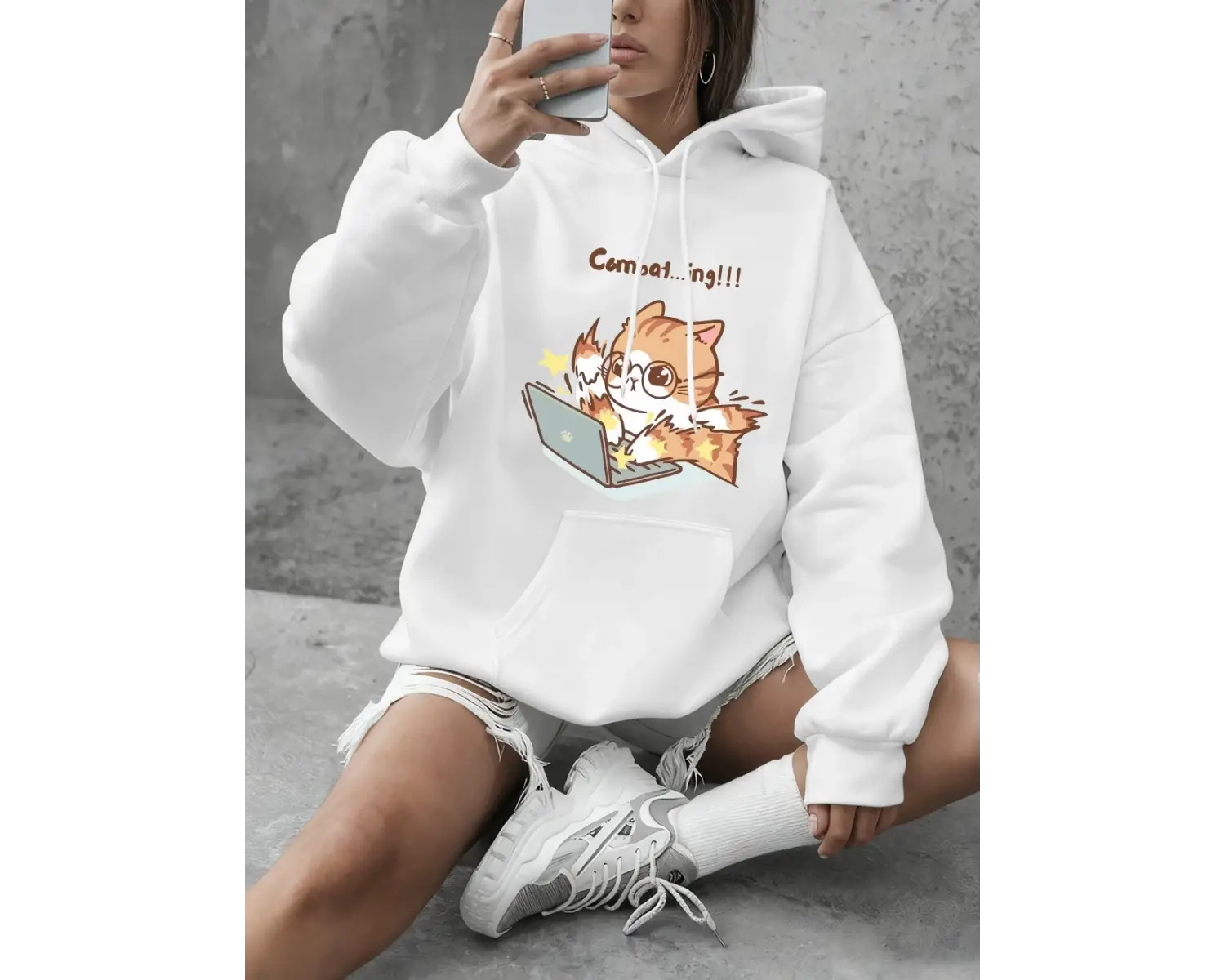 Çılgın Yazma Kedi Karikatür Baskılı Sweatshirt Kadınlar İçin Basic Yuvarlak Yaka Kapüşonlu Sw
