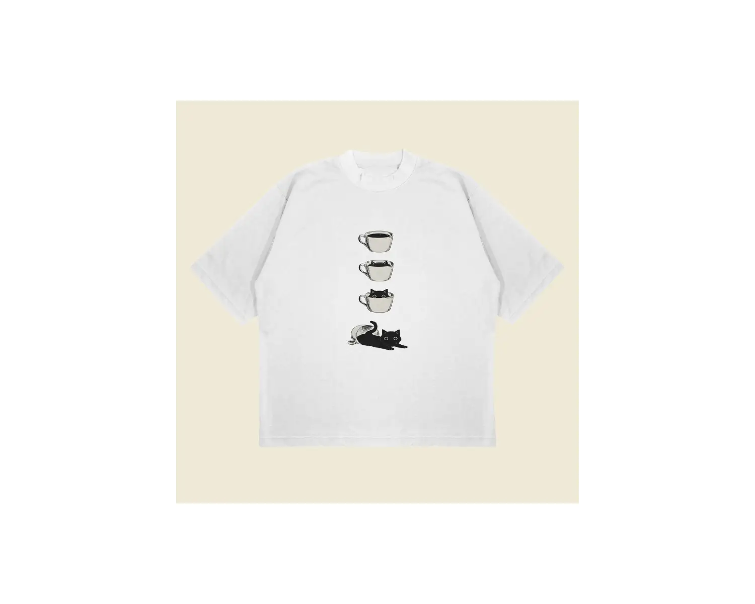 Coffee Cat Baskılı Oversize Unisex Pamuklu Nefes Alan Kalın Kumaşlı