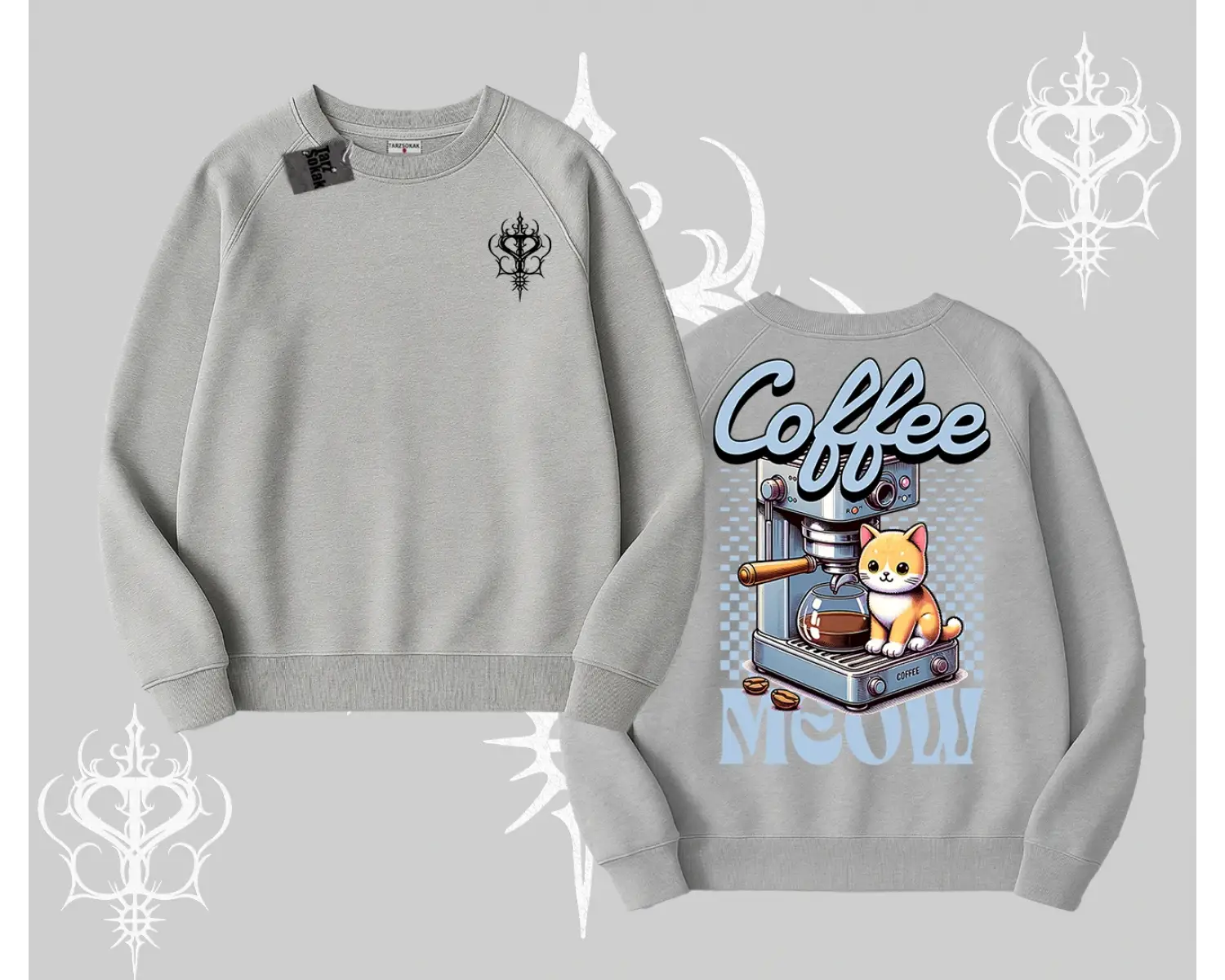 Coffee Meow Kahve Temalı Kedi Arka Baskılı Biskilet Sweatshirt