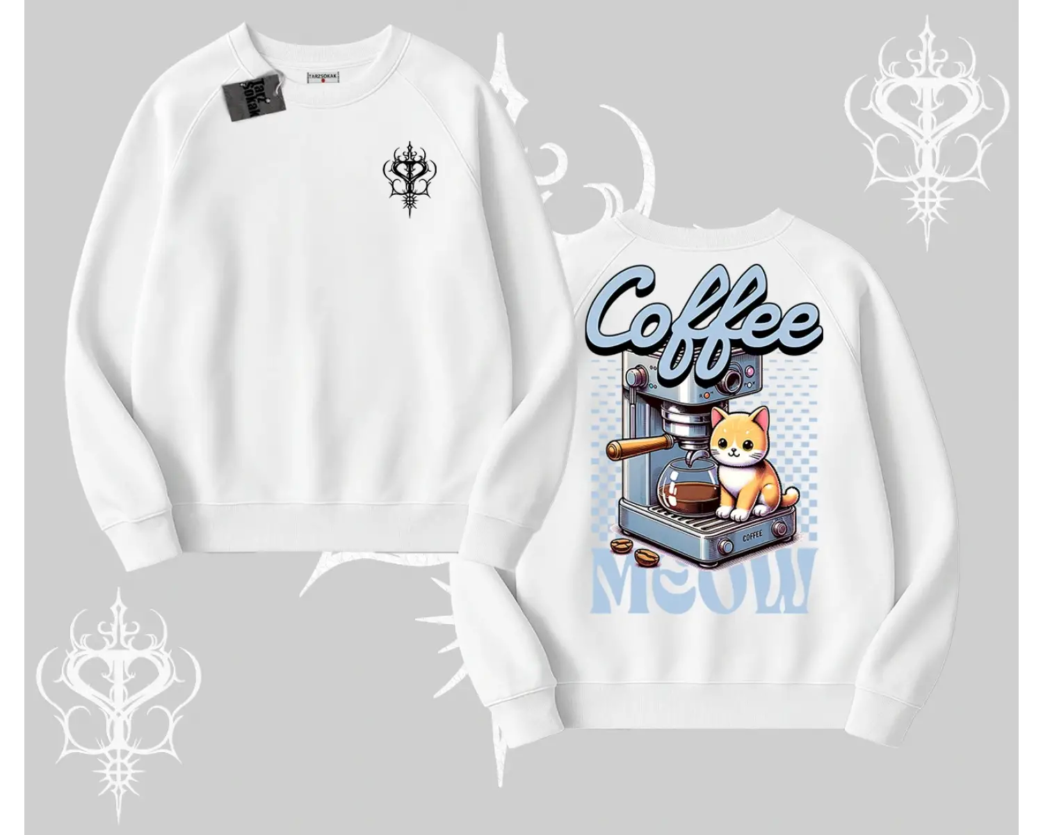 Coffee Meow Kahve Temalı Kedi Arka Baskılı Biskilet Sweatshirt