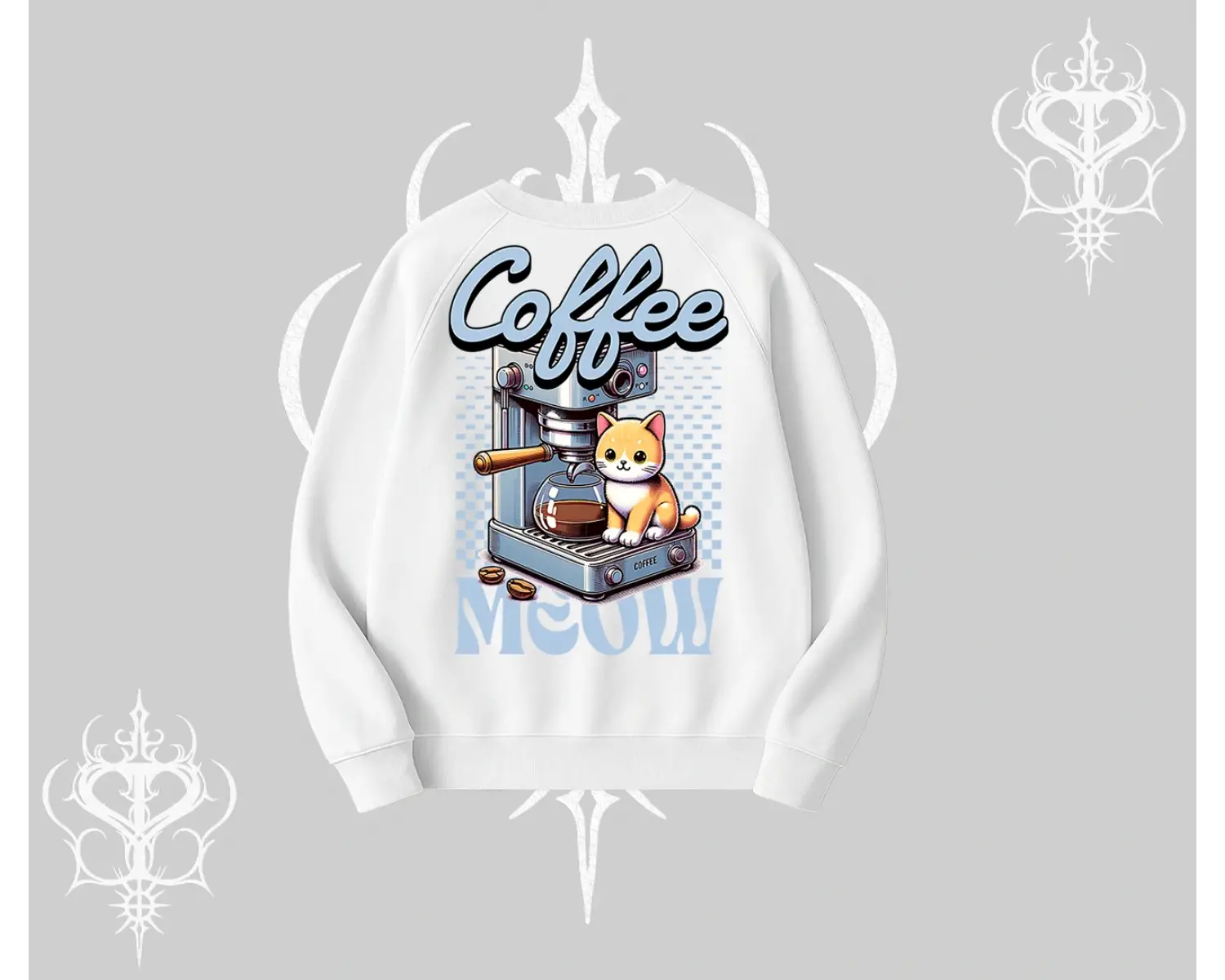 Coffee Meow Kahve Temalı Kedi Arka Baskılı Biskilet Sweatshirt
