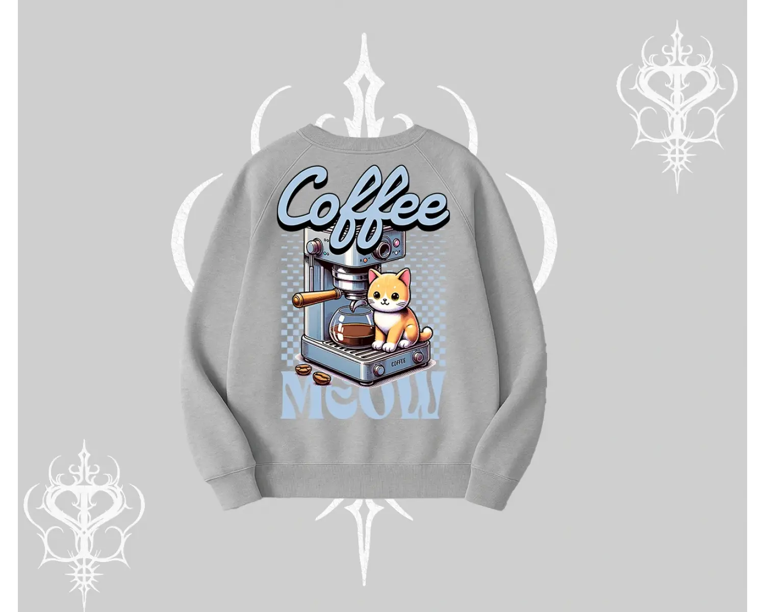 Coffee Meow Kahve Temalı Kedi Arka Baskılı Biskilet Sweatshirt