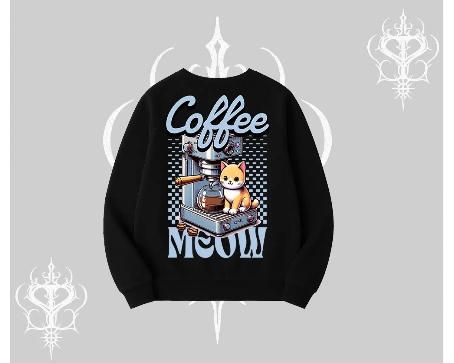 Coffee Meow Kahve Temalı Kedi Arka Baskılı Biskilet Sweatshirt