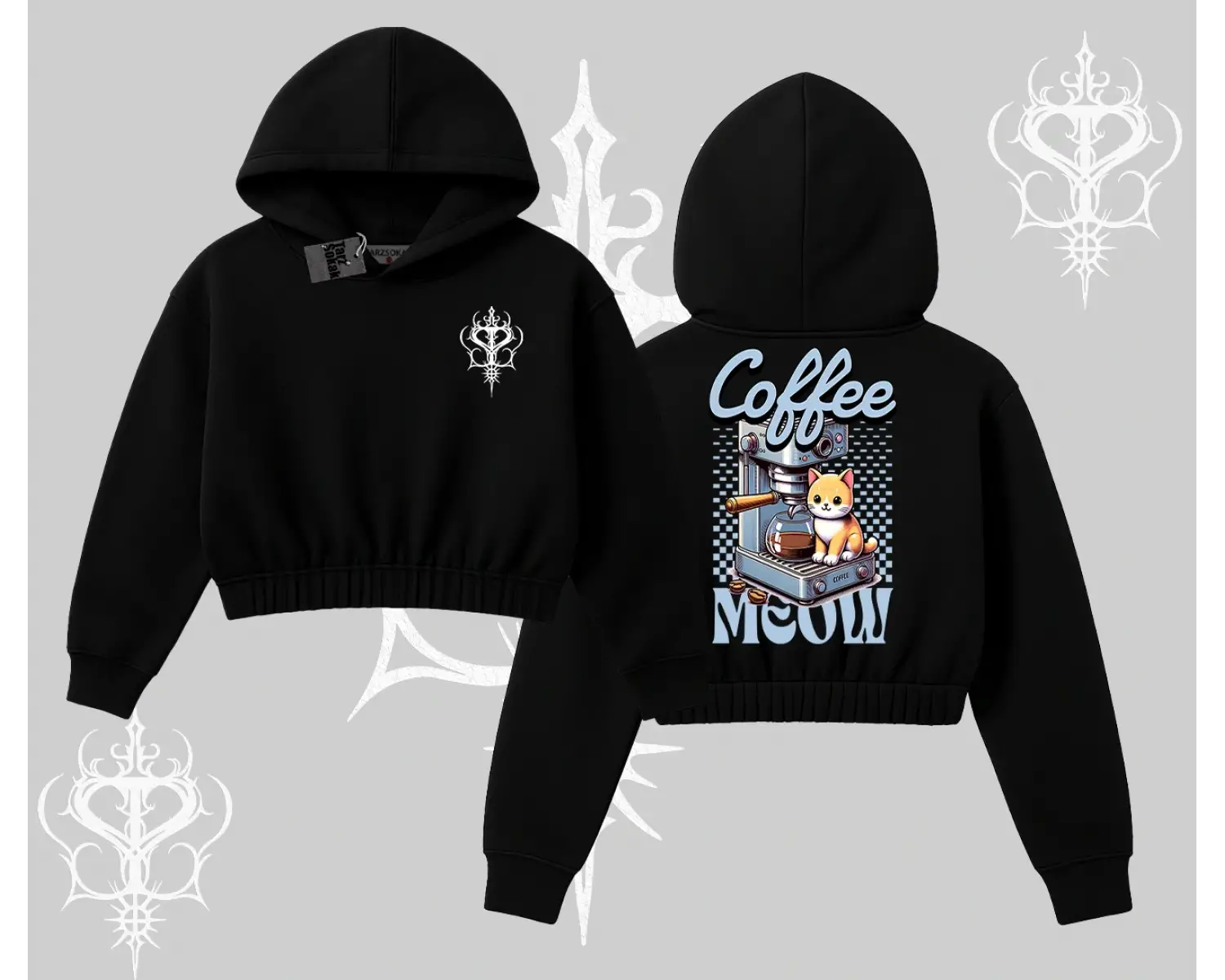 Coffee Meow Kahve Temalı Kedi Arka Baskılı Kapşonlu Crop Sweatshirt