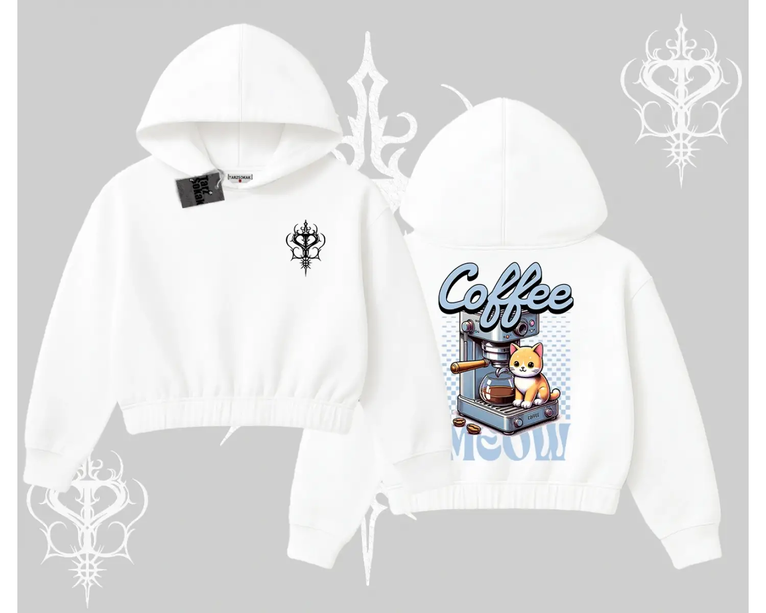 Coffee Meow Kahve Temalı Kedi Arka Baskılı Kapşonlu Crop Sweatshirt