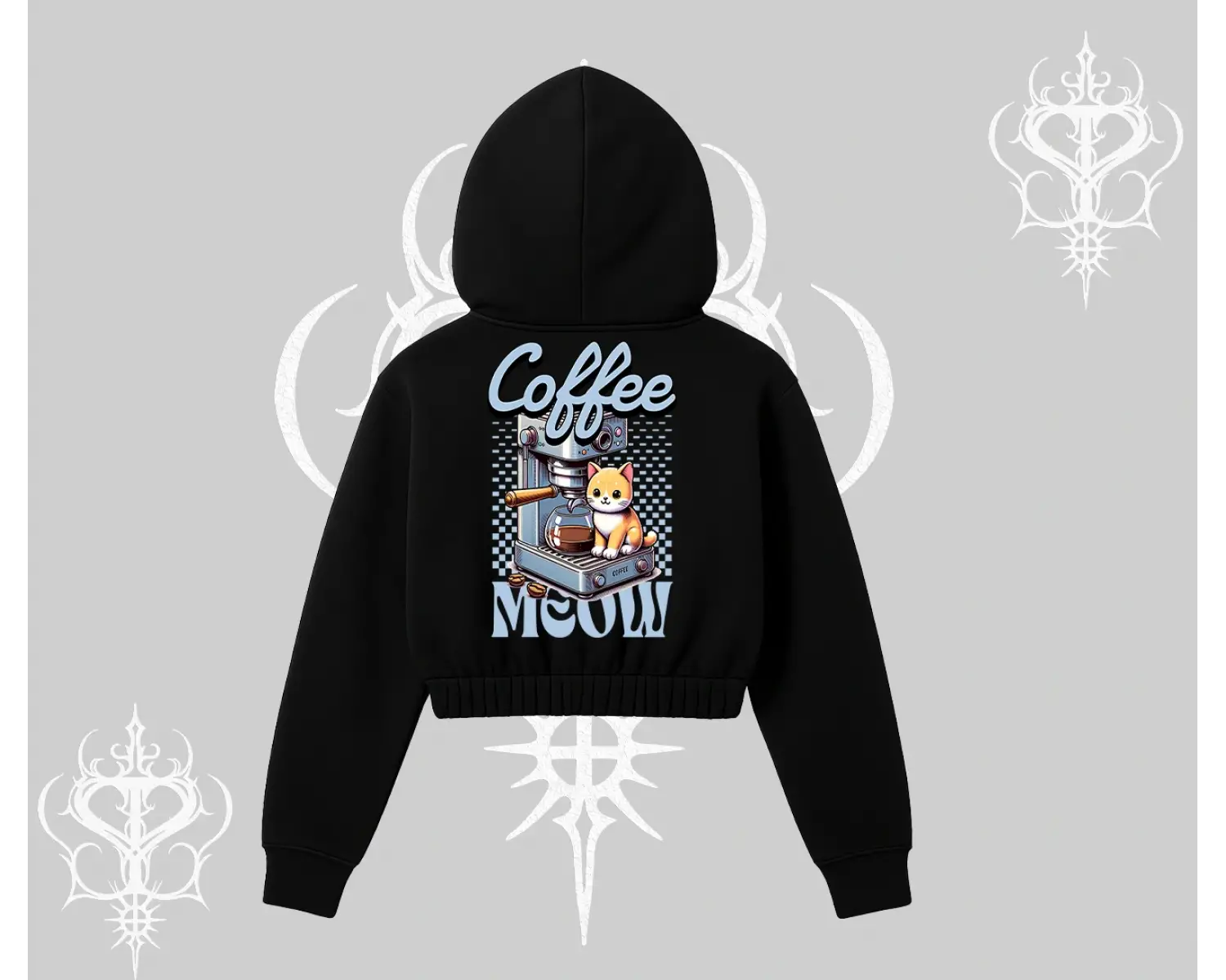 Coffee Meow Kahve Temalı Kedi Arka Baskılı Kapşonlu Crop Sweatshirt