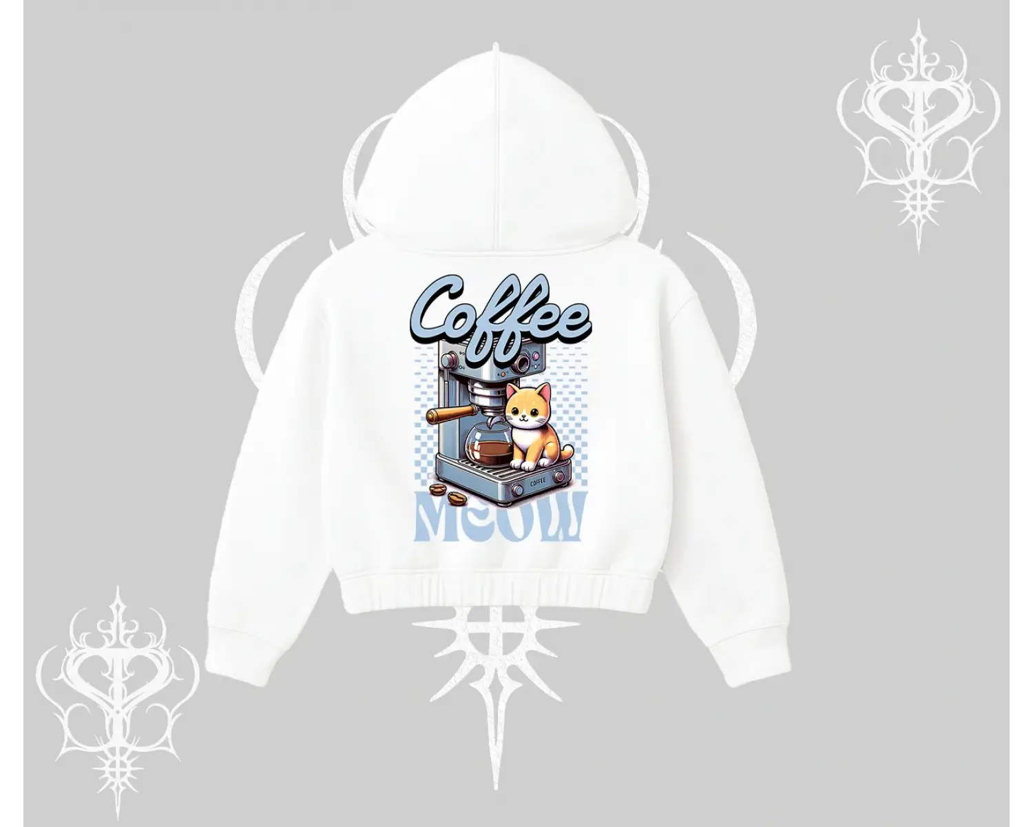 Coffee Meow Kahve Temalı Kedi Arka Baskılı Kapşonlu Crop Sweatshirt