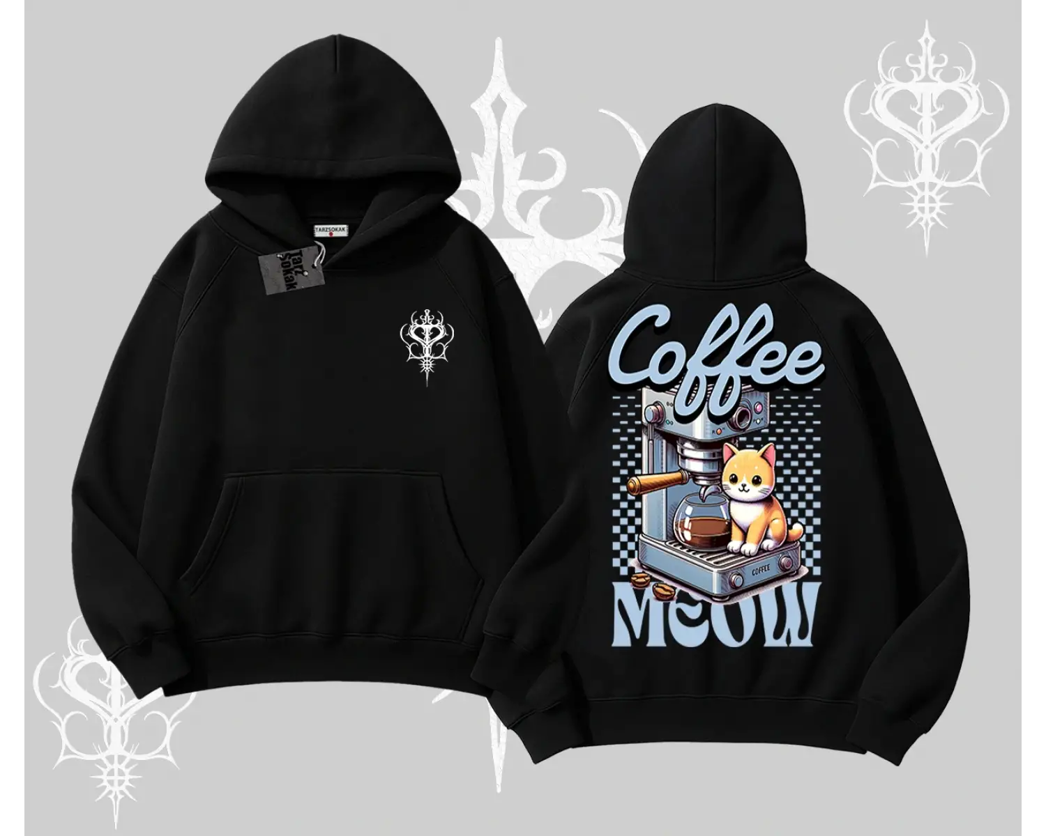 Coffee Meow Kahve Temalı Kedi Arka Baskılı Kapşonlu Sweatshirt