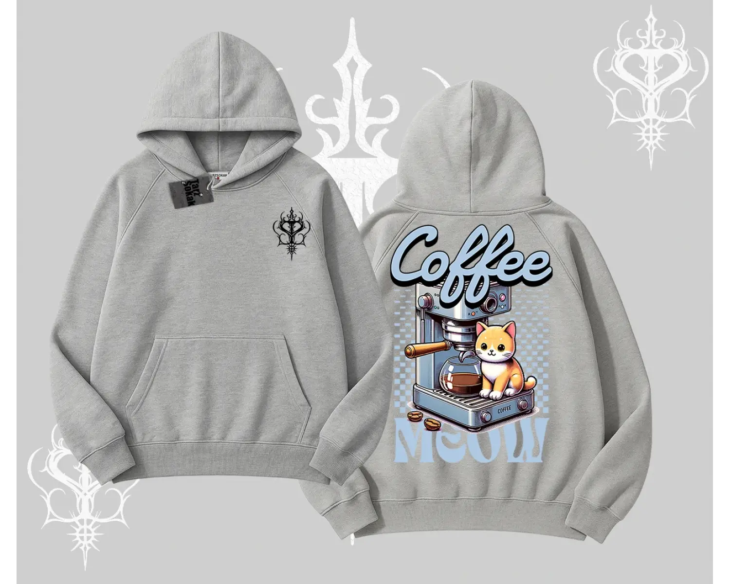 Coffee Meow Kahve Temalı Kedi Arka Baskılı Kapşonlu Sweatshirt