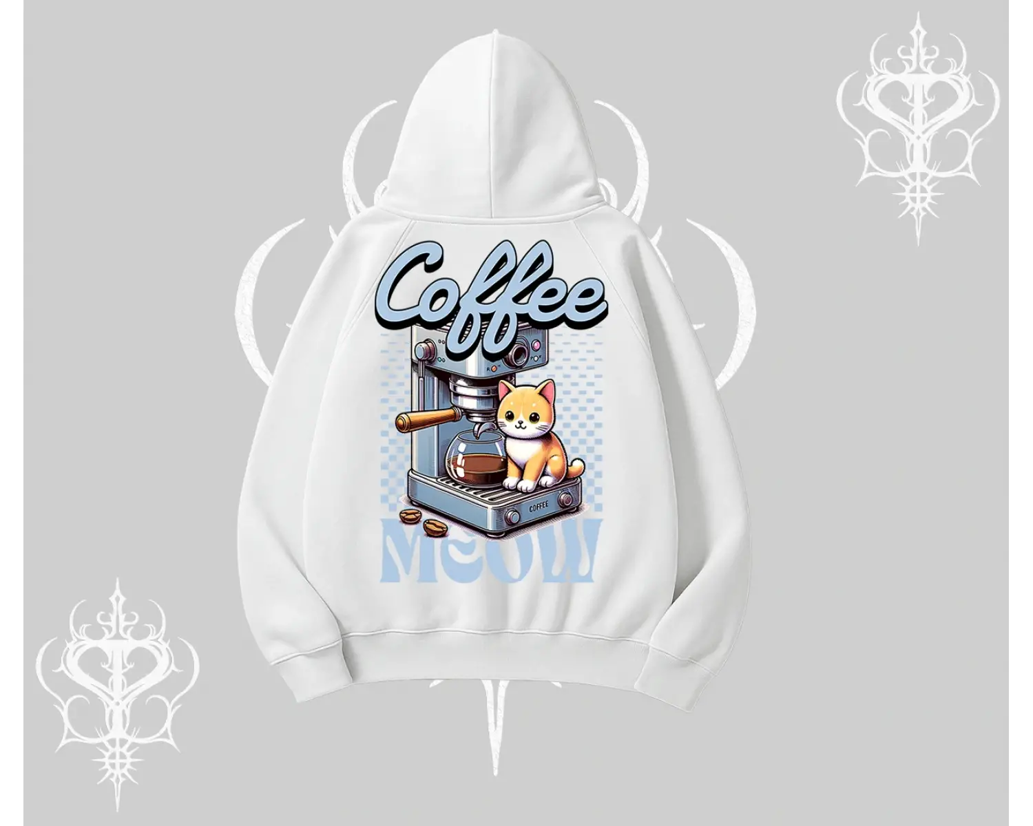 Coffee Meow Kahve Temalı Kedi Arka Baskılı Kapşonlu Sweatshirt