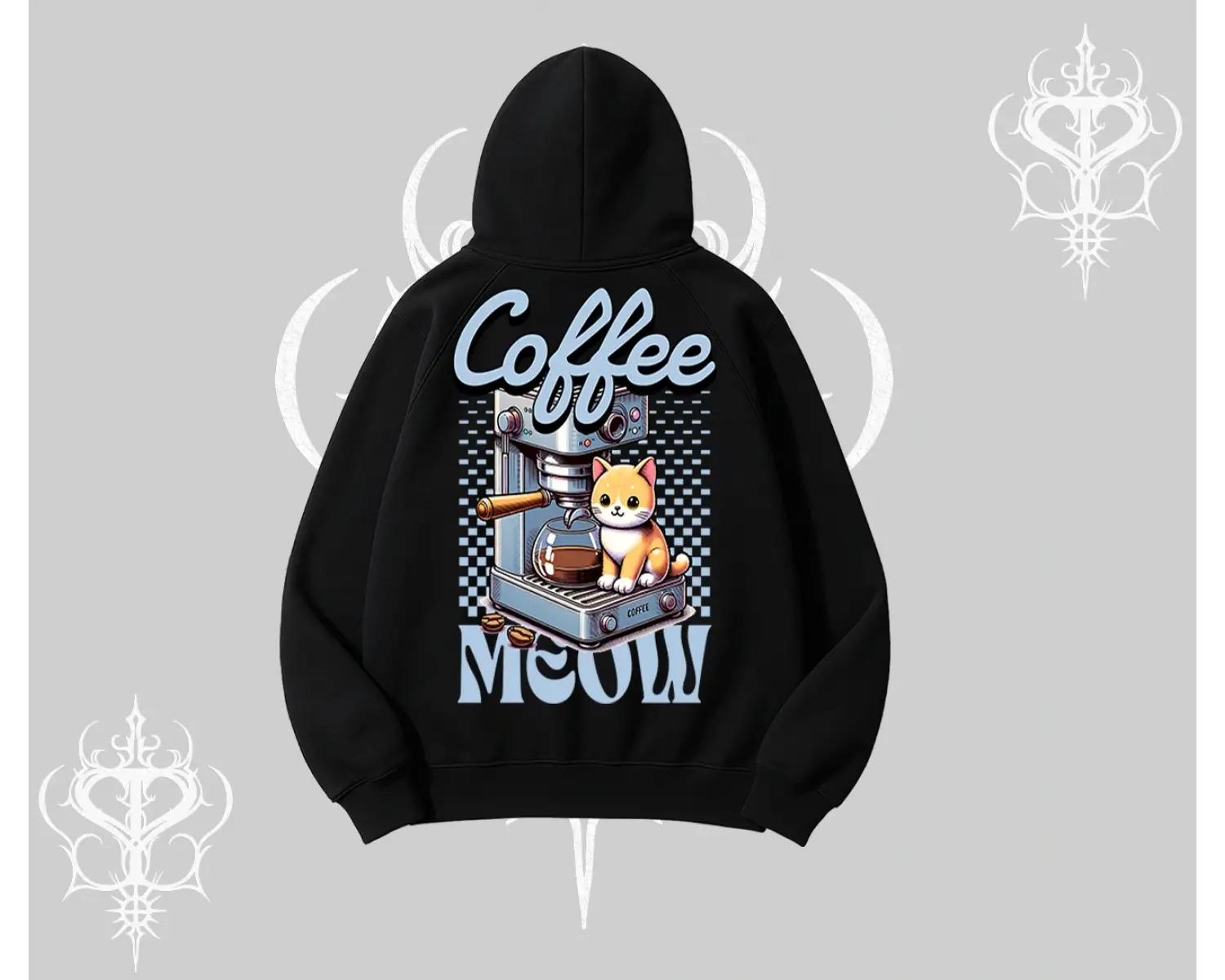 Coffee Meow Kahve Temalı Kedi Arka Baskılı Kapşonlu Sweatshirt